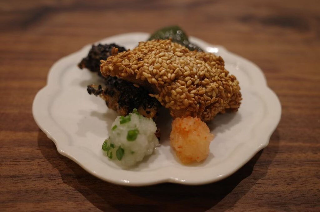 Sesame Coated Fry-“Rikyu-Age” with Mackerel / アジの利休揚げ