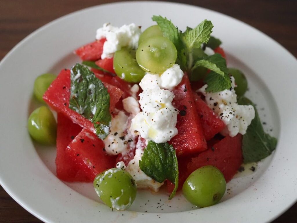 Watermelon & Shine Muscat Salad with Cottage Cheese / 洋風なスイカ＆マスカットのフルーツサラダ