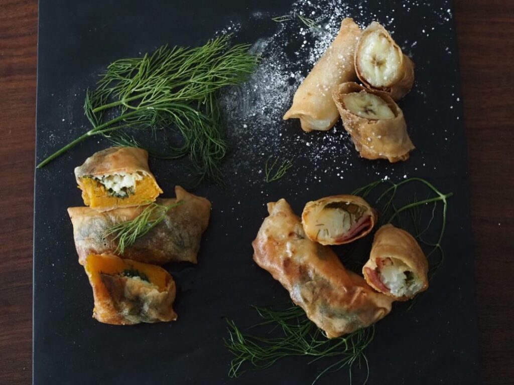 Mini spring rolls- Dill &Pumpkin &Chevre… /3種のミニ春巻き、ディル＆シェーヴルで