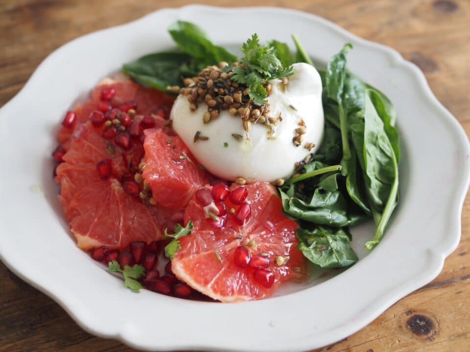 Burrata with Blood Orange, Coriander Seeds & Lavender Oil