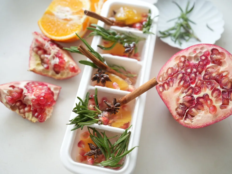 Winter Festive Citrus, Herb, and Spice Ice Cubes