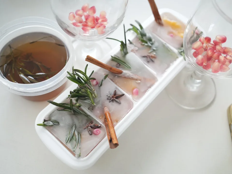 Winter Festive Citrus, Herb, and Spice Ice Cubes